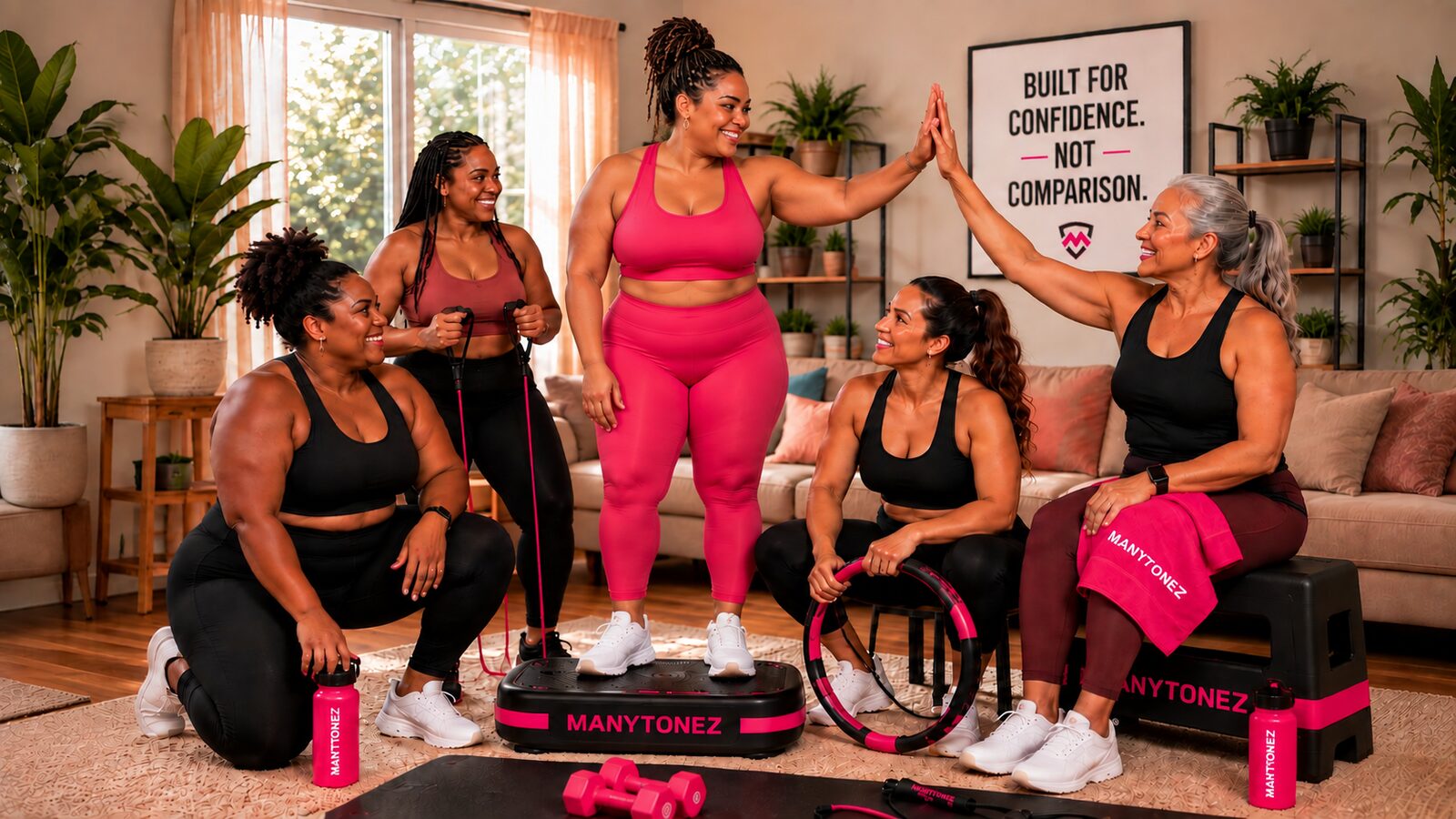 Five women of different ages and body types working out together at home with MANYTONEZ equipment