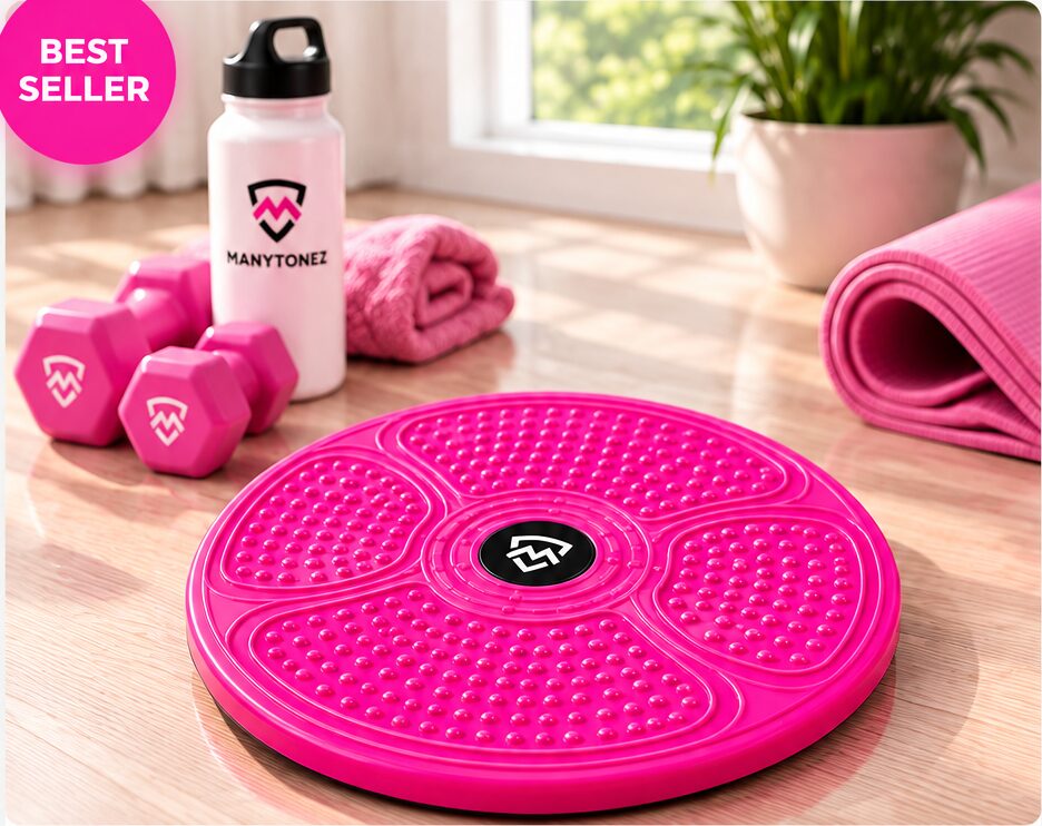 Best seller: the MANYTONEZ Twist Board on a sunlit wooden floor beside pink dumbbells, a water bottle, a towel and a rolled mat